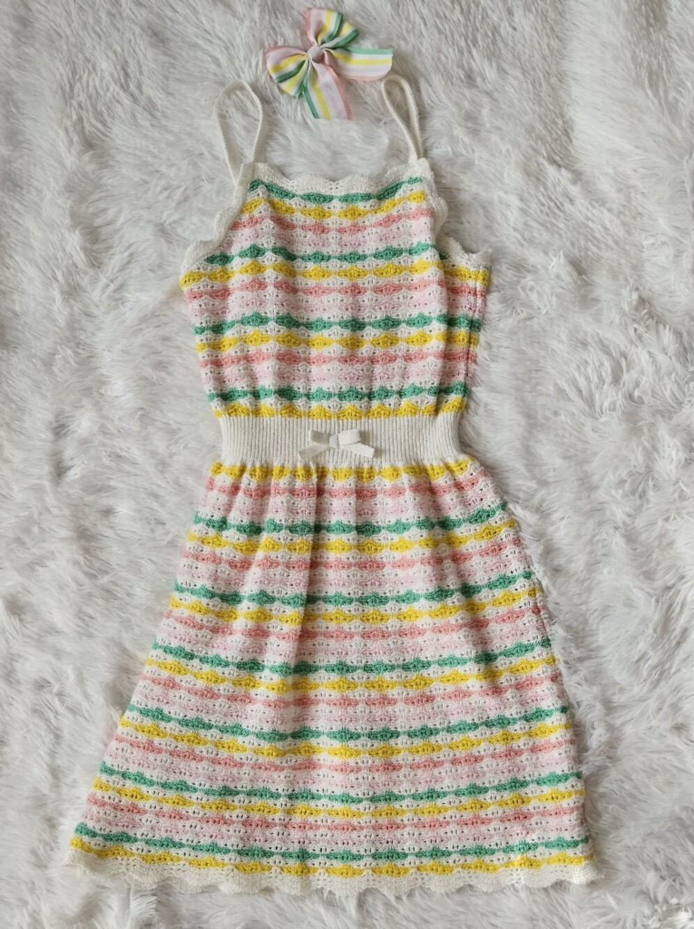 Janie & Jack Striped Crochet Knit Sundress with Bow - Pastel Multi Size 10